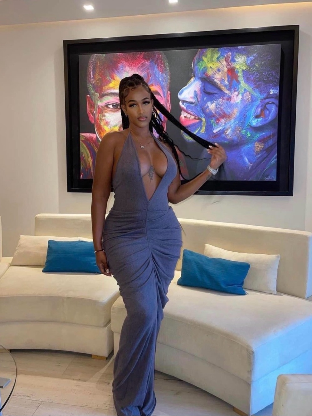 Plunging Halter Maxi Dress in Charcoal Gray